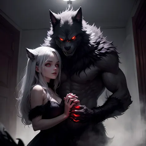 a wolfman with glowing red eyes, a terrifying grin, and sharp, claws, holding hands tightly with a scared woman, taking her to his dark and mysterious den. The wolfmans fur is dark and thick, with hints of grey, while the woman looks pale and frightened. T...