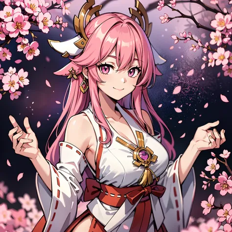 upper body, 1woman, pink hair, Long Haired, love-shape eyes, pink eyes, (miko), gohei, big breats, wallpaper, cherry blossom tree background, light particles, hands behind the back pose, (masterpiece), best quality, closed-mouth smile, standing pose