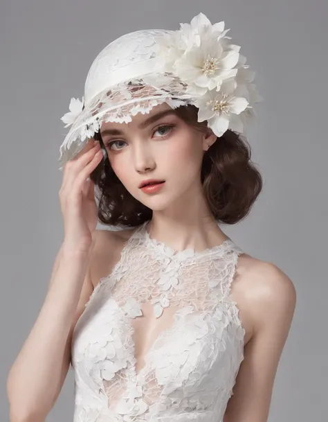 Pretty and very elegant girl wearing a talk cap decorated with big white lace flowers. full body, In beautiful banquet. Her entire face is covered with lace. She wears a loose-fitting white lace cocktail dress that hangs over her shoulders. Her skin is ver...