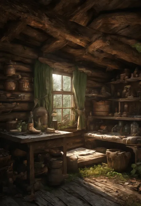 Realistic image of an interior of an old cabin where it is really old and covered with moss. Mysterious lighting, 8k, UHD, hyper detail. Emphasize details that inside the cabin is really dusty and by the walls, there are symbols that seems to be a sinister...