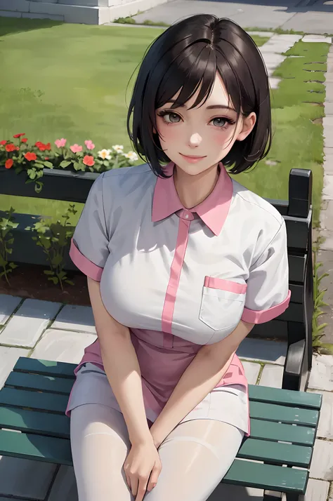 1lady solo nurse, /(nurse uniform/), /(short hair/), blush kind smile, (masterpiece best quality:1.3) delicate illustration ultra-detailed , large breasts BREAK /(garden in front of hospital/) bench