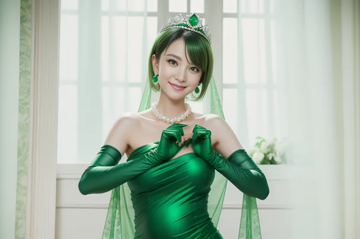 emerald tiara, Green Pearl Necklace, Boyish very short green hair, lipsticks, Japan woman smiling, very short short hair, big breasts beautiful, Green eyes, Long green gloves made of satin material, Green eyes, Emerald Earrings, Green dress, Pregnant Woman...