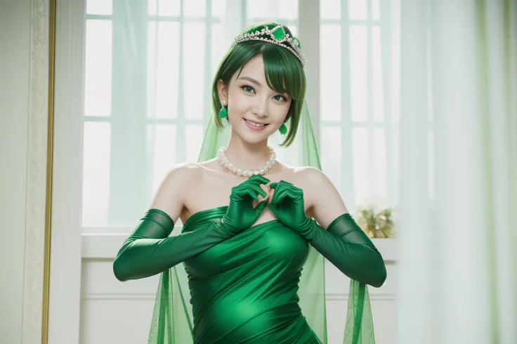 emerald tiara, Green Pearl Necklace, Boyish very short green hair, lipsticks, Japan woman smiling, very short short hair, big breasts beautiful, Green eyes, Long green gloves made of satin material, Green eyes, Emerald Earrings, Green dress, Pregnant Woman...