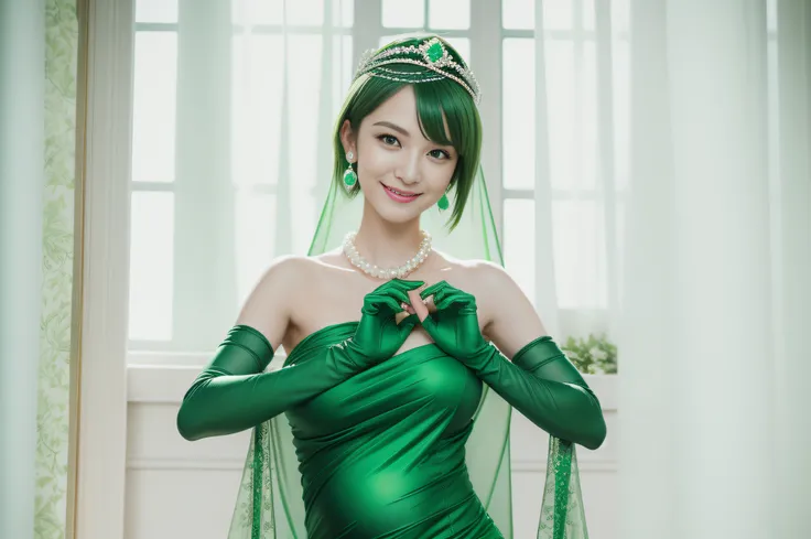 emerald tiara, Green Pearl Necklace, Boyish very short green hair, lipsticks, Japan woman smiling, very short short hair, big breasts beautiful, Green eyes, Long green gloves made of satin material, Green eyes, Emerald Earrings, Green dress, Pregnant Woman...