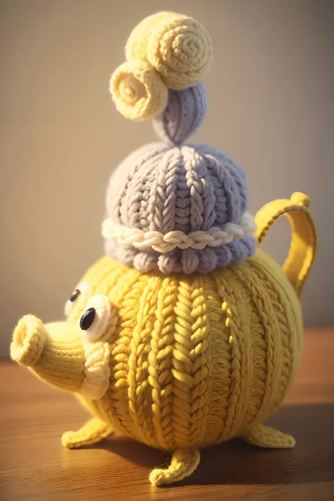 Knitted yellow snail tea cosy with frilled bottom. Tall eyes，Washable fit