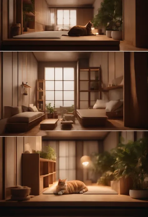 wooden cabinet with a shelf and a book, cat tower, modular, petspective room layout, with furniture overturned, with 3 d render, with 3d render, box, top angle view, capsule hotel, full-shot, full - shot, theophanic atmospheric vivarium, doll house, design...