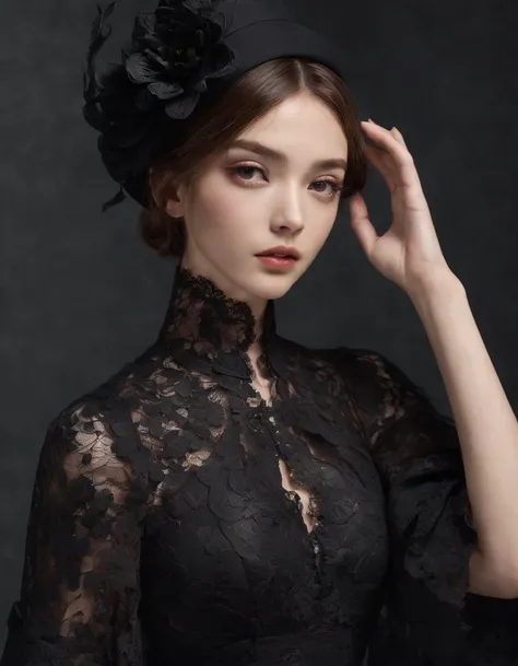 Pretty and very elegant girl wearing a talk cap decorated with big black lace flowers. Her entire face is covered with lace. She wears a loose-fitting black lace cocktail dress that hangs over her shoulders. Her skin is very shiny. Her arms are folded、The ...