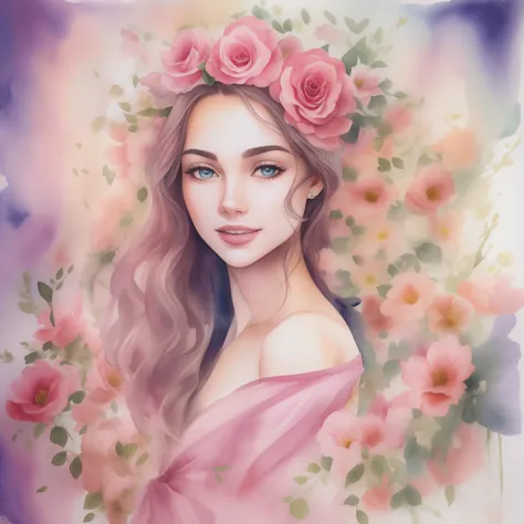 Uma pintura em aquarela de mulher sorrindo de longos cabelos roxos em um vestido de princesa rosa esta cercada de flores