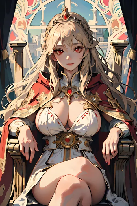 (big tits), masterpiece, best quality),  1girl, solo, (the empress:1.15), light blonde, long hair, (red cape), Curtain, white dress, queen dress, aurora, (sunshine, sky, river, forest), expressionless, red eyes, very long hair, (art nouveau:1.2), alphonse ...