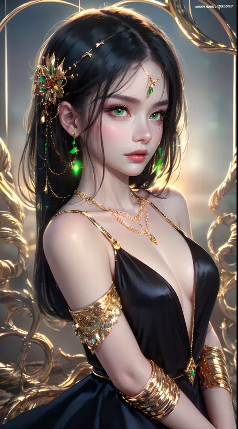 1 beautiful young princess, ((beautiful princess no longer a child:1.8)), ((wearing a black armored dress with gold trim in ancient hanfu style:1.6)), (((Exquisite patterns on the skirt:1.6))), ((braided hair with long black bangs: 1.6)), ((long bangs:1.6)...