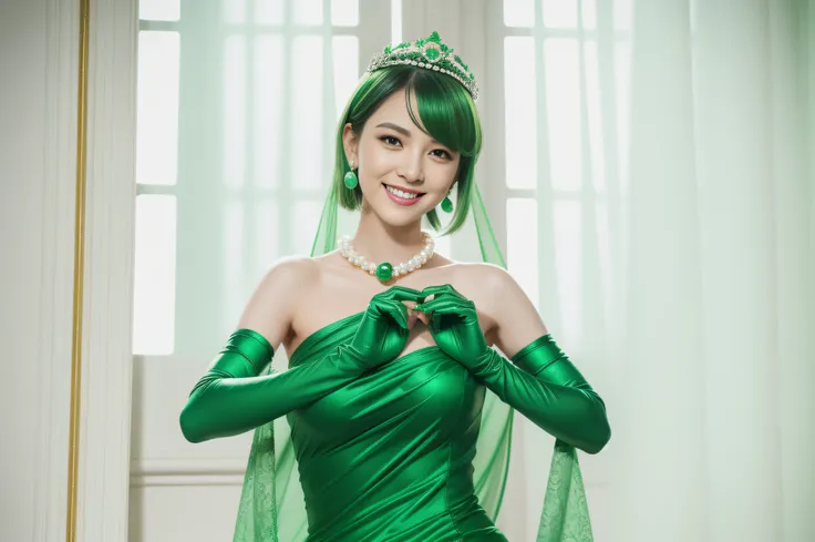 emerald tiara, Green Pearl Necklace, Boyish very short green hair, lipsticks, Japan woman smiling, very short short hair, big breasts beautiful, Green eyes, Long green gloves made of satin material, Green eyes, Emerald Earrings, Green dress