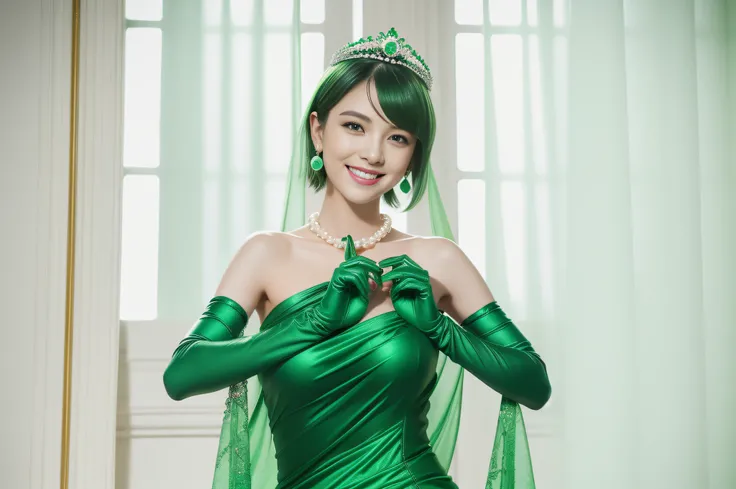 emerald tiara, Green Pearl Necklace, Boyish very short green hair, lipsticks, Japan woman smiling, very short short hair, big breasts beautiful, Green eyes, Long green gloves made of satin material, Green eyes, Emerald Earrings, Green dress