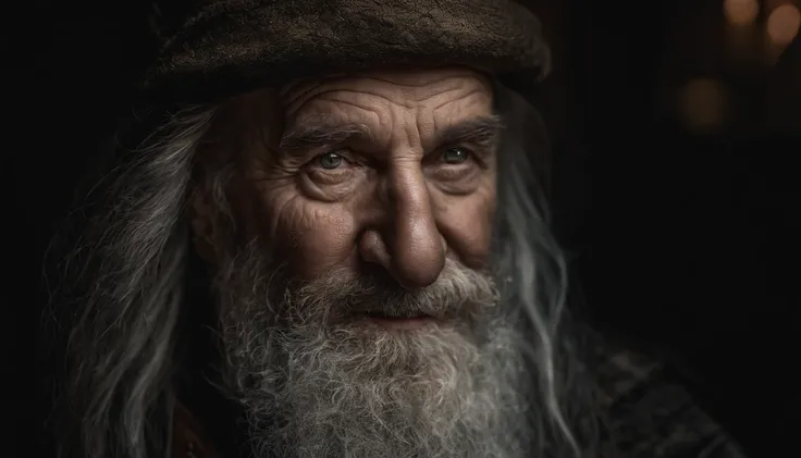 A portrait of a wizard, bearded, wrinkled, weathered, with piercing eyes, detailed face, high details, photography, dark studio, rim light, Nikon D850, 50mm, f/1.4