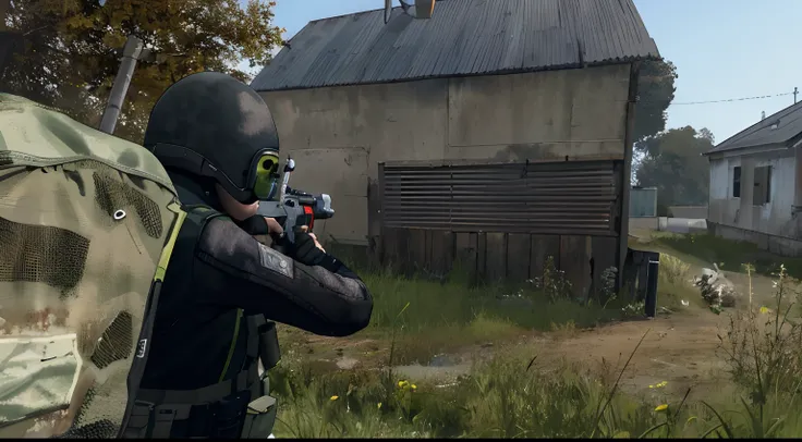 Man in green jacket holding a gun in front of a building, Captura de tela de um FPS, fps view, no jogo, tiro no jogo, .cs:ir captura de tela, Jogo de FPS, shooting it into a building, no jogo, em dayz, military outpost, in - jogo, captura de tela fotorreal...