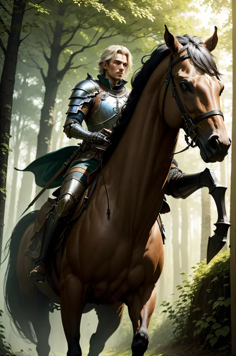 Cinematic scene, a knight riding his horse through a shine forest, with trees looming all around him, masterpiece, best quality, high quality, absurdres, vivid, guild wars 2