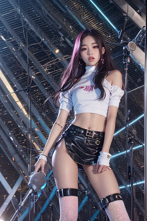 a close up of a woman in a short skirt and a microphone, jisoo from blackpink, jisoo of blackpink, blackpink jennie, bae suzy, portrait jisoo blackpink, lalisa manoban of blackpink, jia, performing on stage, kda, lalisa manobal, sun yunjoo, jossi of blackp...