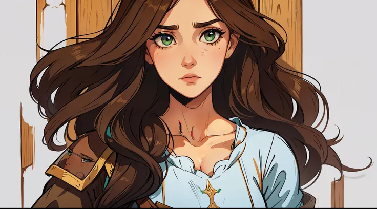 Uma bela mulher de olhos verdes e cabelos castanhos longo ondulado (brown hair) (Detailed strokes) Princess eyes Sexy curvy eyelashes A background with wooden wall Expressive drama with a sad look An art for an RPG A medieval art for an RPG