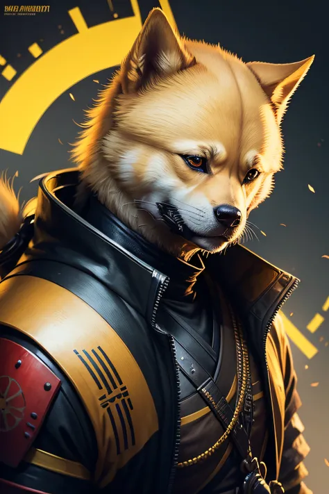 3:4 Yellow doge samurai portrait with hyper-realistic cyberpunk style