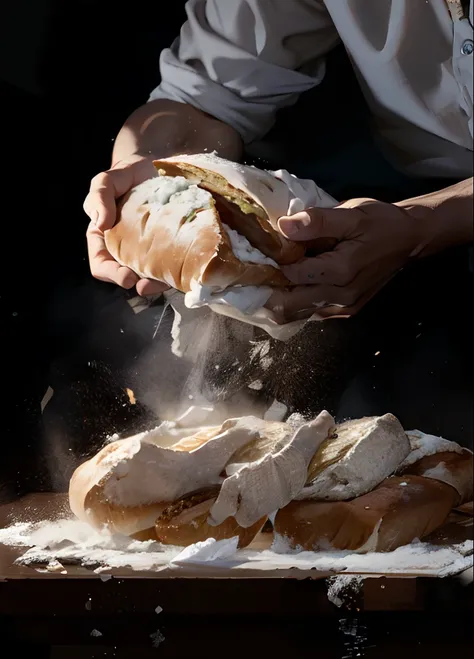 Man eating bread on the table, Focus on the hand holding the bread