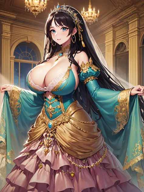 (masterpiece, best quality,extremely detailed:1.1),(moe anime art style:1.3),1 girl,((full body portrait)),standing in palace of versailles,((solo)),cute,kawaii,digital art,(((1 princess wearing gorgeous princess rococo ballgown with voluminous full length...