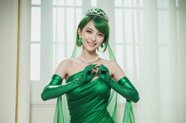 emerald tiara, Green Pearl Necklace, Boyish very short green hair, lipsticks, Japan woman smiling, very short short hair, big breasts beautiful, Green eyes, Long green gloves made of satin material, Green eyes, Emerald Earrings, Green dress