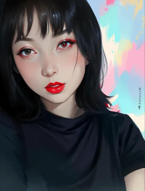 there is a woman with a black shirt and red lipstick, color portrait, 🤤 girl portrait, solo portrait 🎨🖌️, face with artgram, nft portrait, lofi portrait, headshot profile picture, close up potrait, oil paint style, realism artstyle, detailed color portrait...