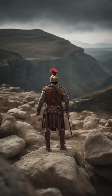 Roman soldier standing, holding a sword high on a mountain, beautiful landscape of a saw.