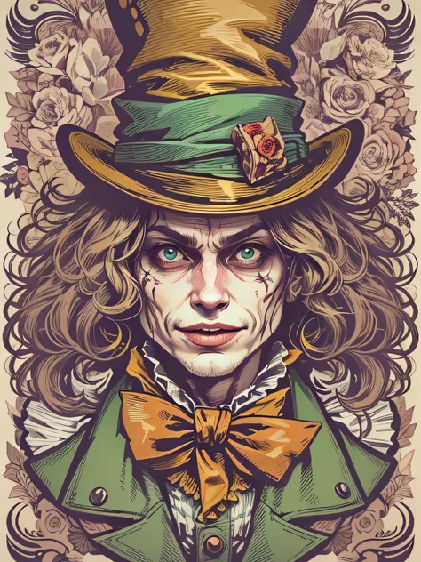 High quality design vector style image, t-shirt print style, mad hatter graphic art white background realistic colors, Alice in Wonderland scene, mad hatter image drawing style