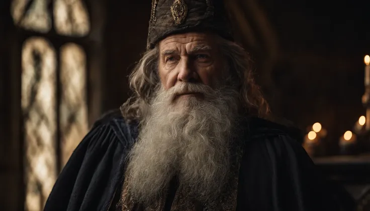 A portrait of a wizard, bearded, wrinkled, weathered, with piercing eyes, detailed face, high details, photography, dark studio, rim light, Nikon D850, 50mm, f/1.4