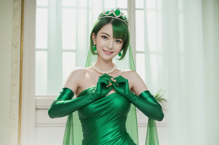 emerald tiara, Green Pearl Necklace, Boyish very short green hair, lipsticks, Japan woman smiling, very short short hair, big breasts beautiful, Green eyes, Long green gloves made of satin material, Green eyes, Emerald Earrings, Green dress