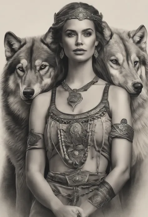 tattoo of a beautiful girl with a spartan warrior next to her, surrounded by wolves, micro realism, line art