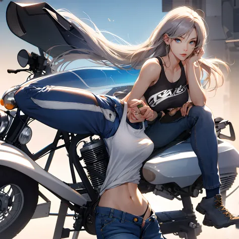 （Lifelike， A high resolution：1.3）， 1 girl with a perfect body， Super fine face and eyes，long whitr hair， Tank top of random colors：1.2， short jeans pants， Bigboobs，revealing breasts