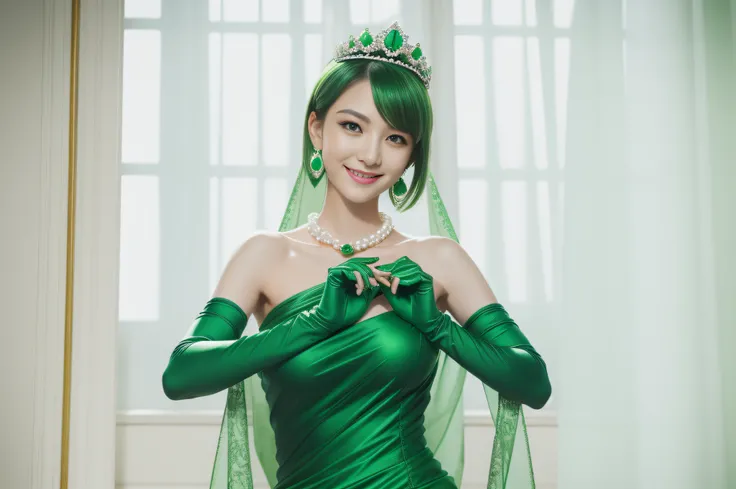 emerald tiara, Green Pearl Necklace, Boyish very short green hair, lipsticks, Japan woman smiling, very short short hair, big breasts beautiful, Green eyes, Long green gloves made of satin material, Green eyes, Emerald Earrings, Green dress