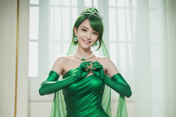 emerald tiara, Green Pearl Necklace, Boyish very short green hair, lipsticks, Japan woman smiling, very short short hair, big breasts beautiful, Green eyes, Long green gloves made of satin material, Green eyes, Emerald Earrings, Green dress