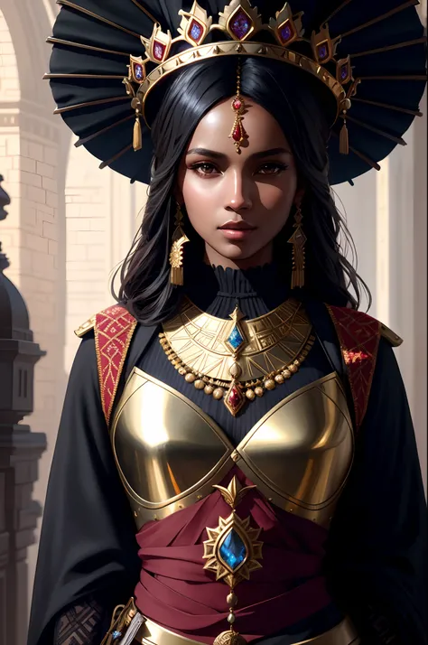 modelshoot style, (extremely detailed CG unity 8k wallpaper), full shot body photo of the most beautiful artwork in the world, medieval queen, red vale, dark skin, black woman, golden crown, diamonds, medieval architecture, professional majestic oil painti...