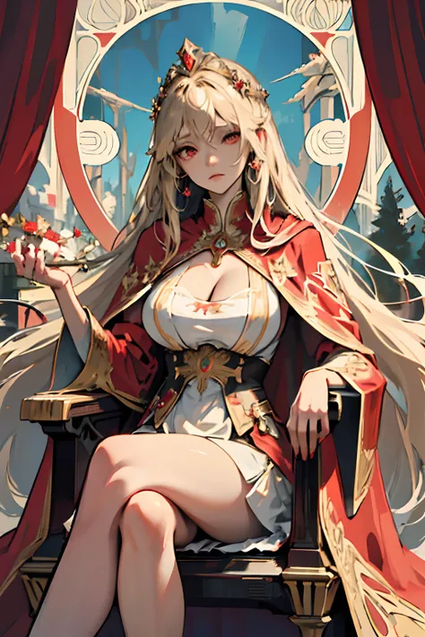 (big tits), cleavage, masterpiece, best quality),  1girl, solo, (the empress:1.15), light blonde, long hair, (red cape), Curtain, white dress, queen dress, aurora, (sunshine, sky, river, forest), expressionless, red eyes, very long hair, (art nouveau:1.2),...