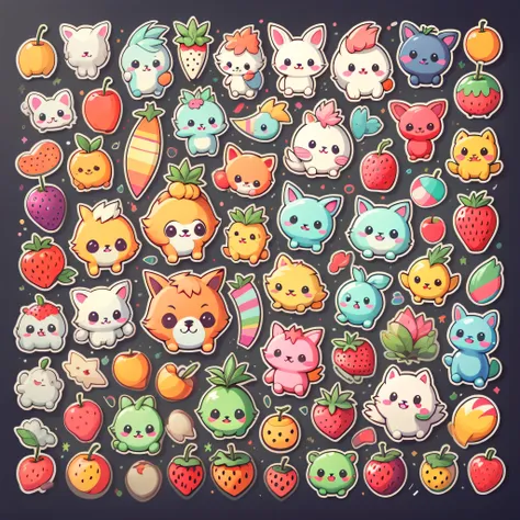 Individual stickers， 1sticker， （cherrie））， white backgrounid， nothing background， simple backgound， dk， adolable， pastel colour， vectorstyle， no gradien，Refinement。Various fruits，All kinds of cute animals