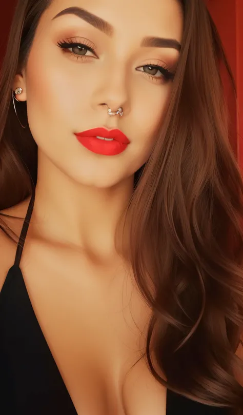 Theres a woman with a chest piercing posing for a photo, piercing septal, small lips pointy nose, small and thick red lips, anel nasal, with very thin lips, thick red lips, red lips, sexy red lips, thick lips, Batom vermelho no rosto, piercing no nariz, re...