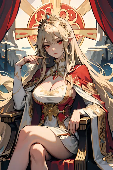 (big tits), cleavage, masterpiece, best quality),  1girl, solo, (the empress:1.15), light blonde, long hair, (red cape), Curtain, white dress, queen dress, aurora, (sunshine, sky, river, forest), expressionless, red eyes, very long hair, (art nouveau:1.2),...