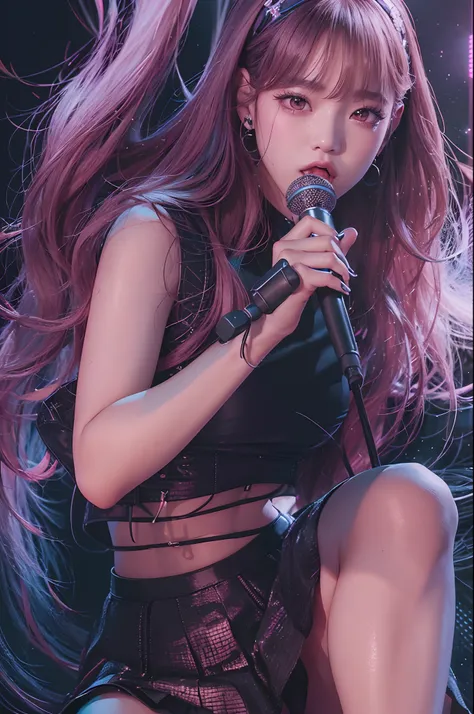 a close up of a woman in a short skirt and a microphone, jisoo from blackpink, jisoo of blackpink, blackpink jennie, bae suzy, portrait jisoo blackpink, lalisa manoban of blackpink, jia, performing on stage, kda, lalisa manobal, sun yunjoo, jossi of blackp...