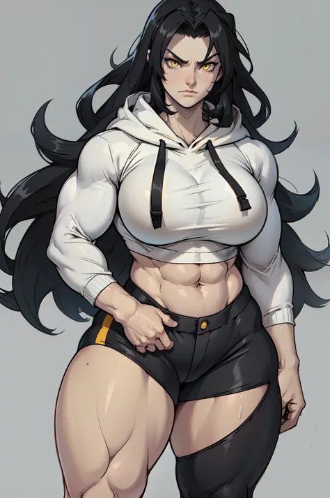 ((grey background)), solo, ((((1 girl)))), very long hair, black hair, angry, yellow eyes, (((((muscular))))), (huge tits), (thick thighs), (wide hips), pale skin, standing, slick hair, hoodie