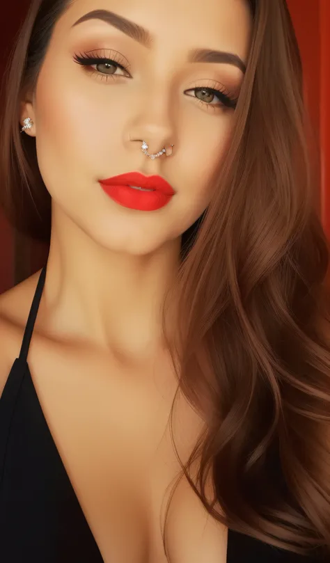 Theres a woman with a chest piercing posing for a photo, piercing septal, small lips pointy nose, small and thick red lips, anel nasal, with very thin lips, thick red lips, red lips, sexy red lips, thick lips, Batom vermelho no rosto, piercing no nariz, re...