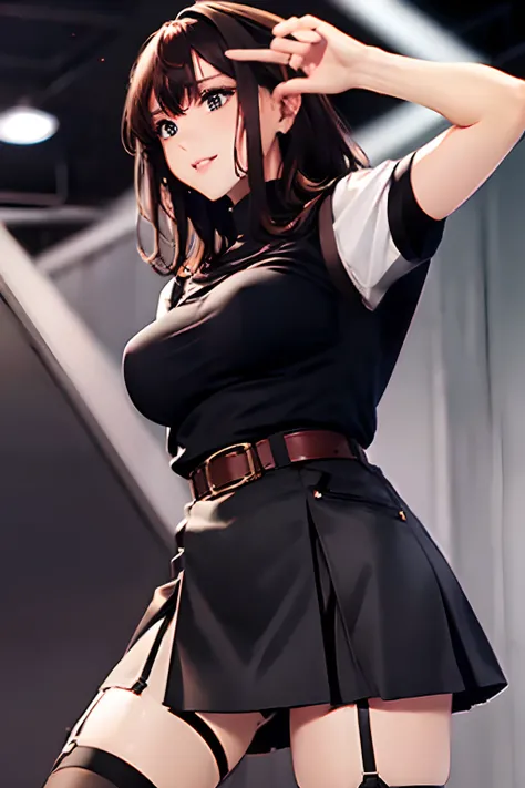 Black skirt, 　suspenders, Brown hair Gray eyes, Garter belt on the legs, Tight black clothes, 　　 a belt　Armpit sweat　　Dark look　Moderately breasts　holster　Cuffed　srestrained