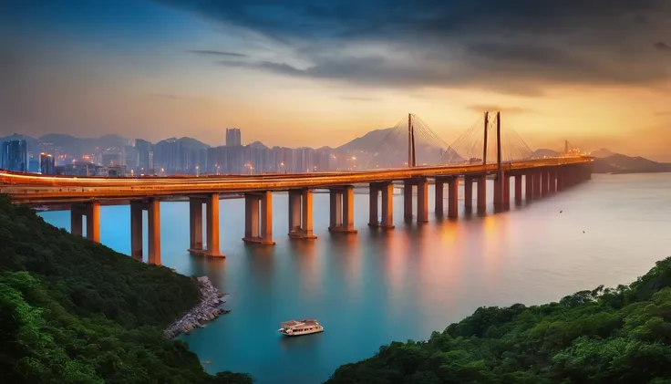 Best quality, Masterpiece, 超高分辨率, (photograph realistic:1.4), surrealism, Dream-like,fusionart, Hong Kong-Zhuhai-Macao Bridge