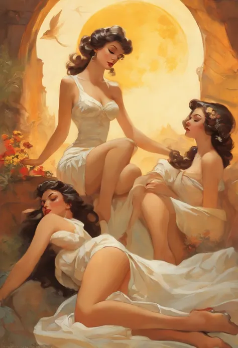 Three stunning beautiful pin up models sleeping by Norman Rockwell, Gil Elvgren, Milo Manara, Olivia de Berardinis, Artgerm