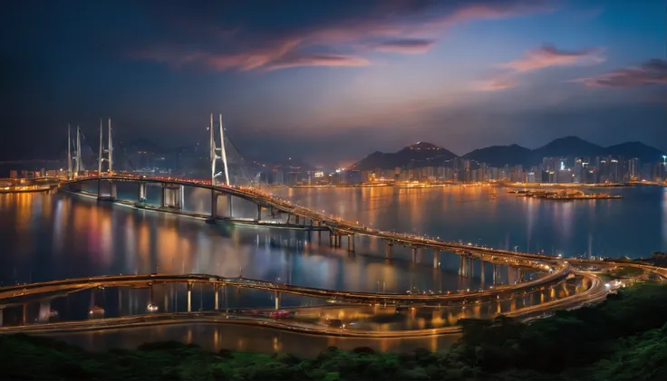 Best quality, Masterpiece, 超高分辨率, (photograph realistic:1.4), surrealism, Dream-like,fusionart, Hong Kong-Zhuhai-Macao Bridge