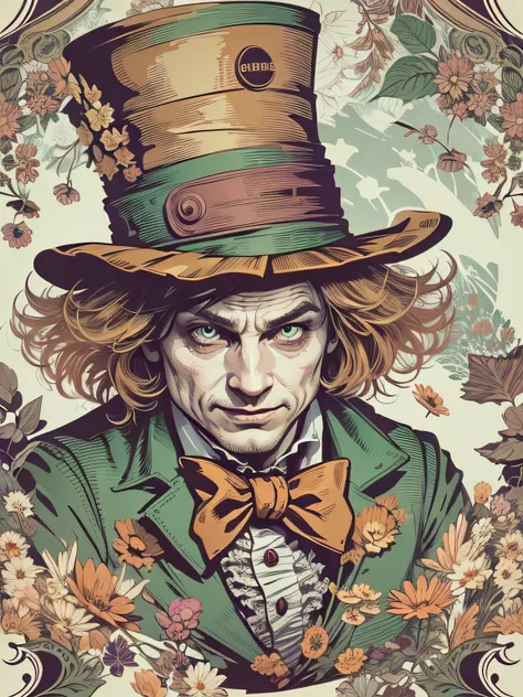 High quality design vector style image, t-shirt print style, mad hatter graphic art white background realistic colors, Alice in Wonderland scene, mad hatter image drawing style