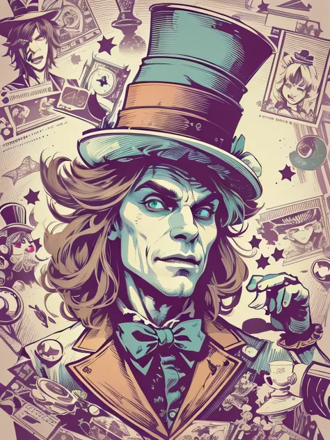 High quality design vector style image, t-shirt print style, mad hatter graphic art white background realistic colors, Alice in Wonderland scene, mad hatter image drawing style