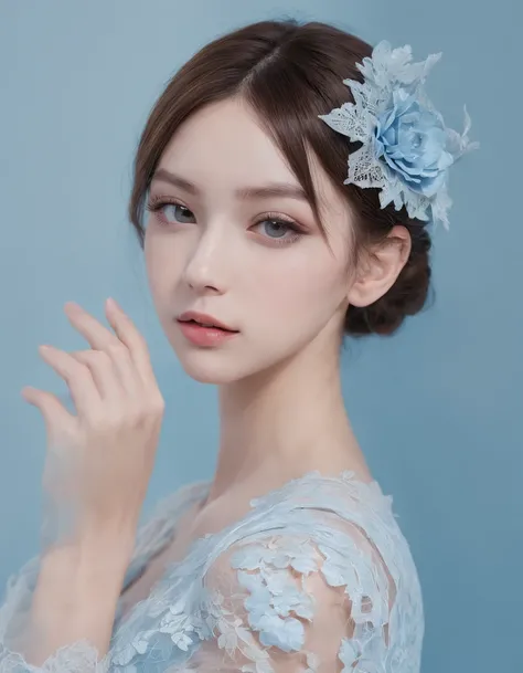 Pretty and very elegant girl wearing a talk cap decorated with sky blue lace flowers. Her entire face is covered with lace. She wears a loose-fitting sky blue lace cocktail dress that hangs over her shoulders. Her skin is very shiny. Her arms are folded. T...