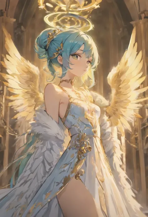 ((Masterpiece, Highest quality)), Detailed face, CharacterDesignSheet， full bodyesbian,, Highly detailed, Depth, Many parts，Beautiful female，Extremely beautiful，High Balance, Natural light, Gold holy clothes，Blue hair,long braid，hentail realism, shadowing,...